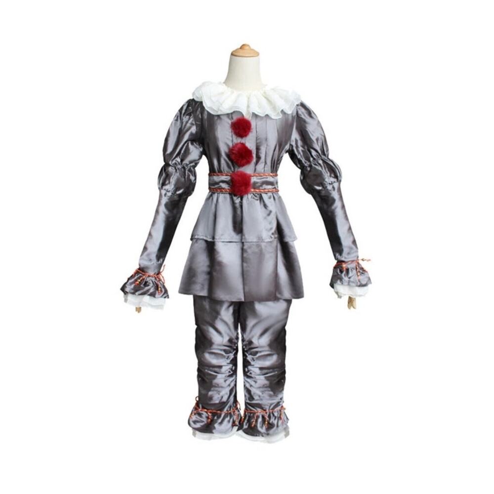 Kids Creepy Clown Costume Gray Red Pom Pom Halloween Horror Circus Size XL